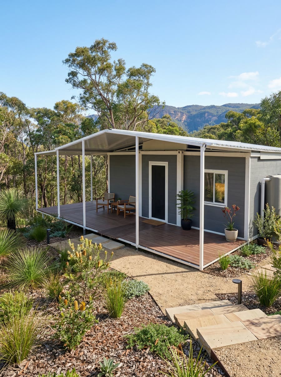 12m Heartland expandable home — charcoal cladding with full-width deck and pergola
