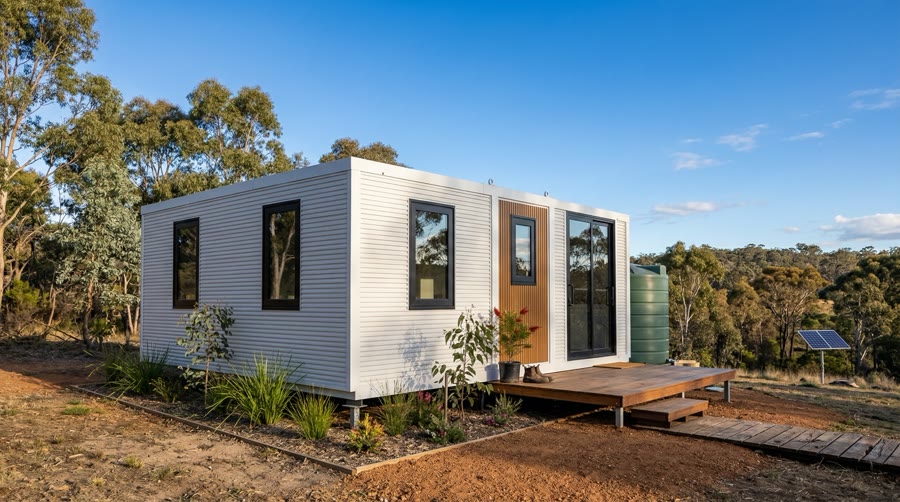 6m Heartland expandable home — white cladding with timber entry, deck, solar and water tank