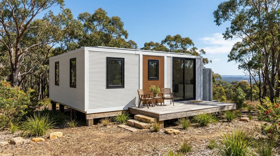 9m Heartland expandable home — white cladding with timber entry and timber deck in bushland