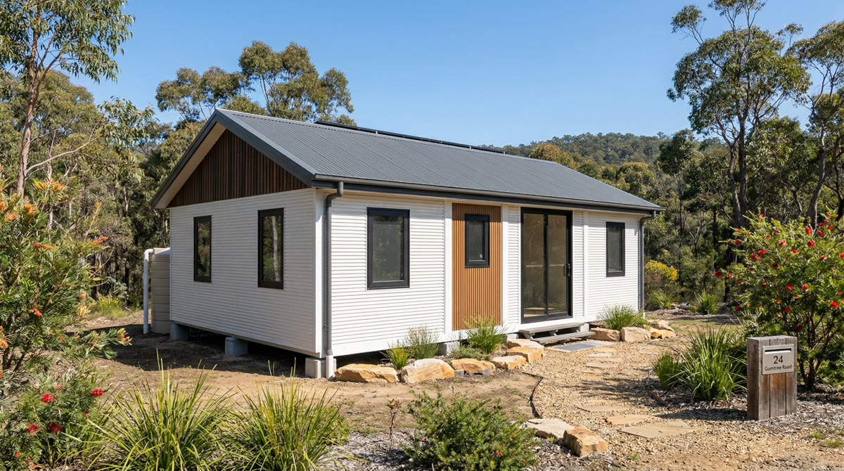 Heartland expandable home with gable roof, timber accents and native landscaping
