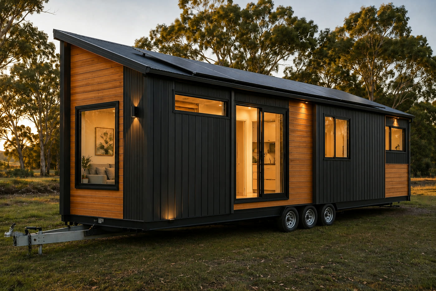Luxury Australian tiny home on wheels — dark cladding, timber accents, solar roof